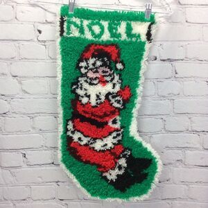 Vintage Christmas Santa Latch Hook Rug Stocking Wall Hanging Handmade 22”x12.5”